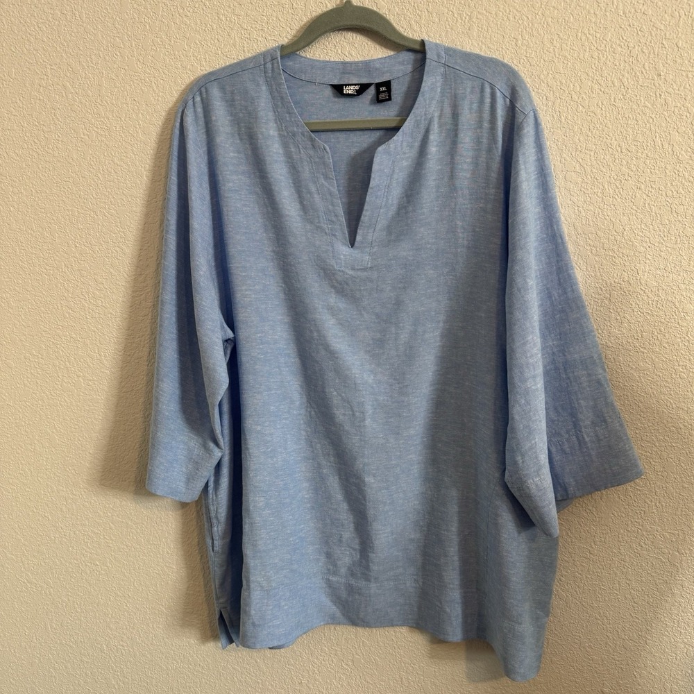 Lands End Top Womens‎ XXL Blue Linen Blend Split Neck 3/4 Sleeve Tunic Pockets